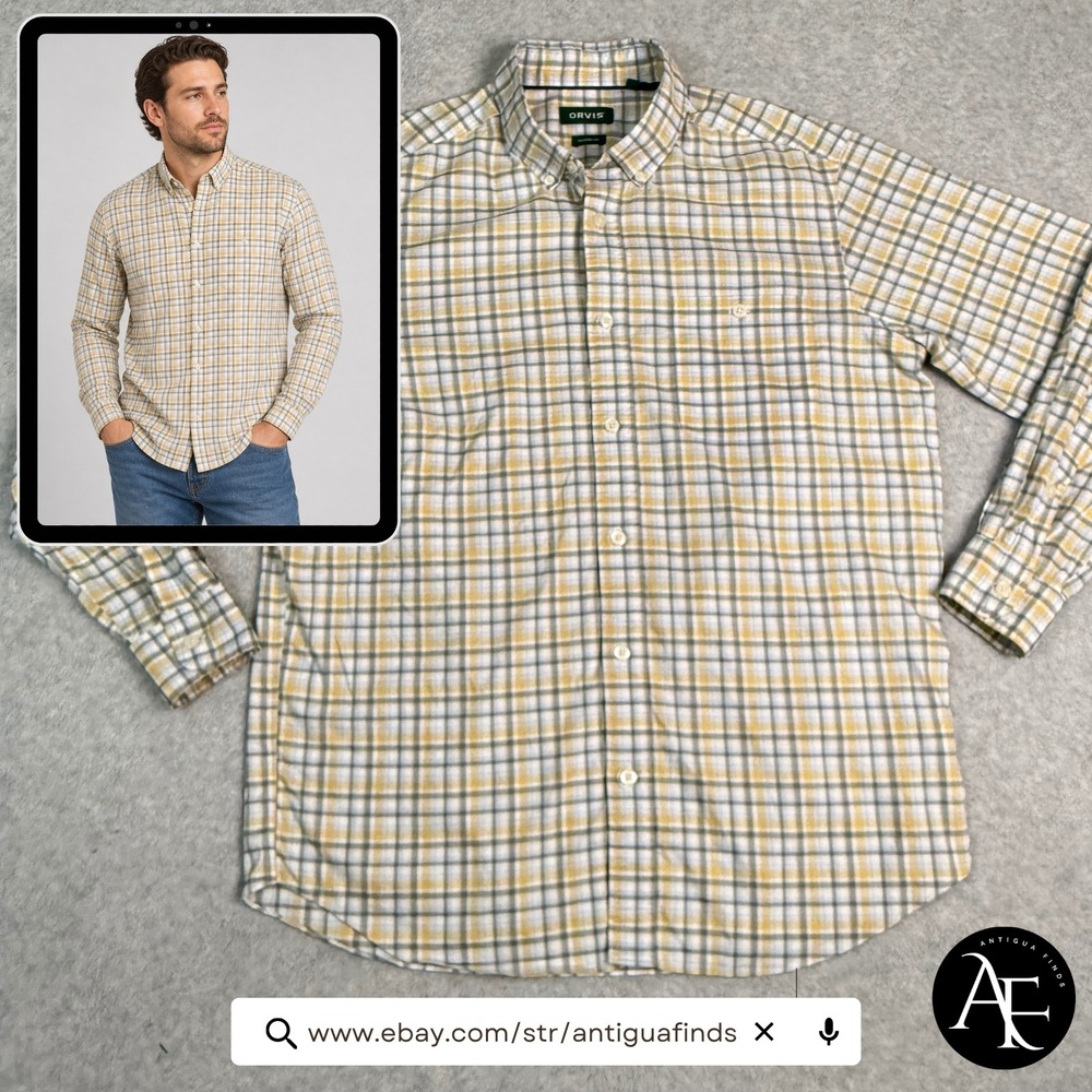 Orvis Mens Large Classic Fit Wrinkle Free Button Down Shirt Yellow‎ Grey Plaid
